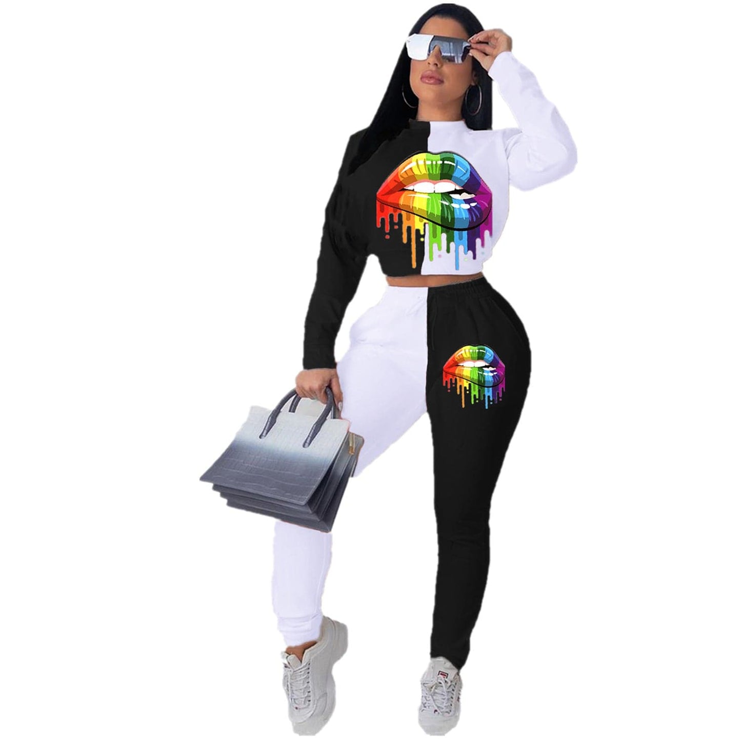 High Quality Custom Fall Street Wear Long Sleeve Stitching Color Crop Top Printed 2 Piece Pants Outfit Two Piece Sets For Women
