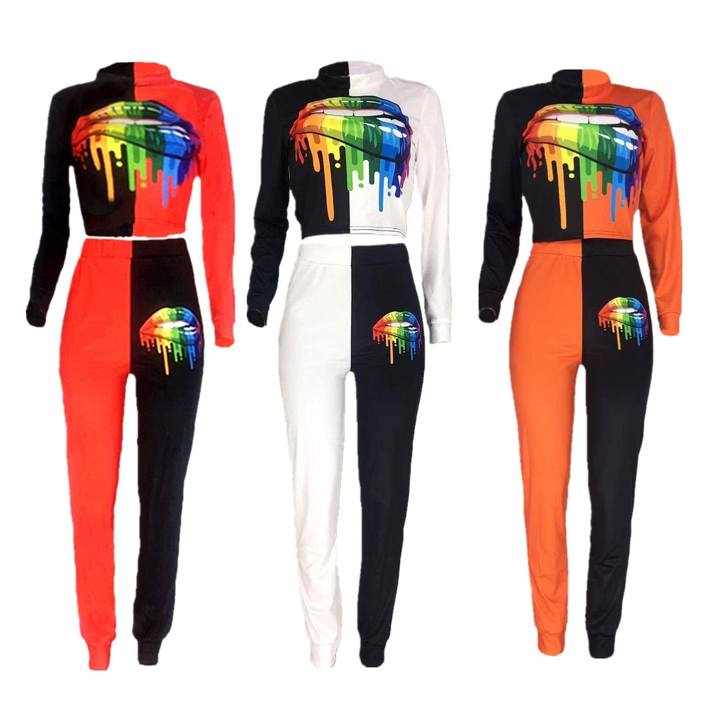 High Quality Custom Fall Street Wear Long Sleeve Stitching Color Crop Top Printed 2 Piece Pants Outfit Two Piece Sets For Women