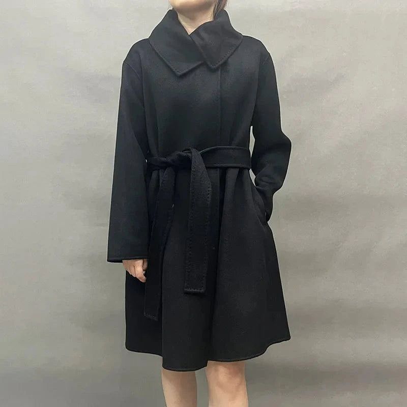 High Quality Korean Double Sided Handmade Belted Long Cashmere Wool Coat for Women