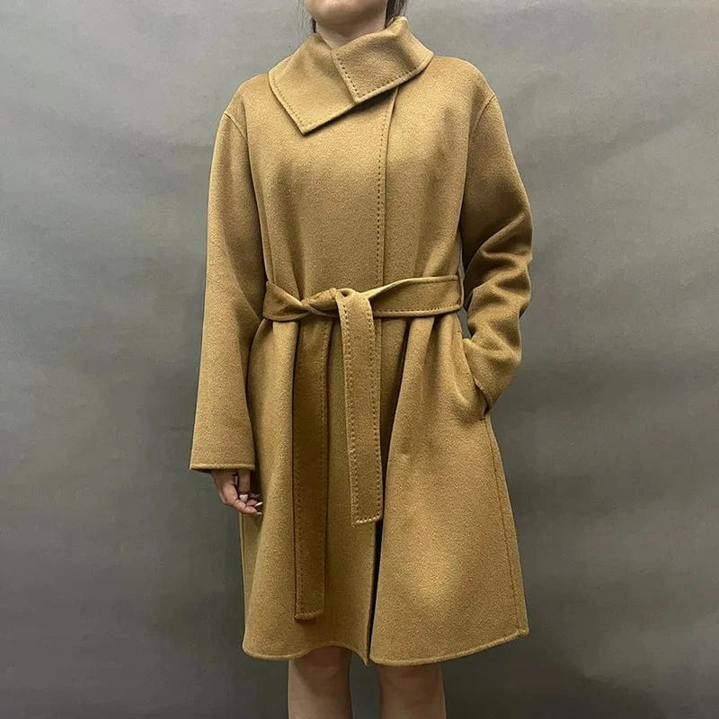 High Quality Korean Double Sided Handmade Belted Long Cashmere Wool Coat for Women