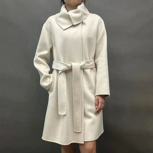 High Quality Korean Double Sided Handmade Belted Long Cashmere Wool Coat for Women