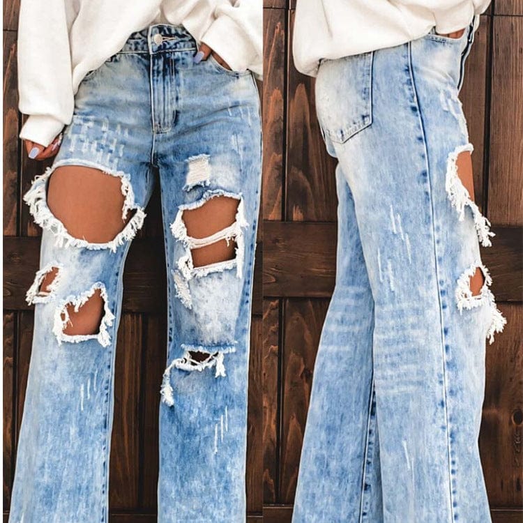 High Quality Ripped Jeans Women 5xl Plus Size Loose Design Denim Women's Flare Pants Distressed Jeans