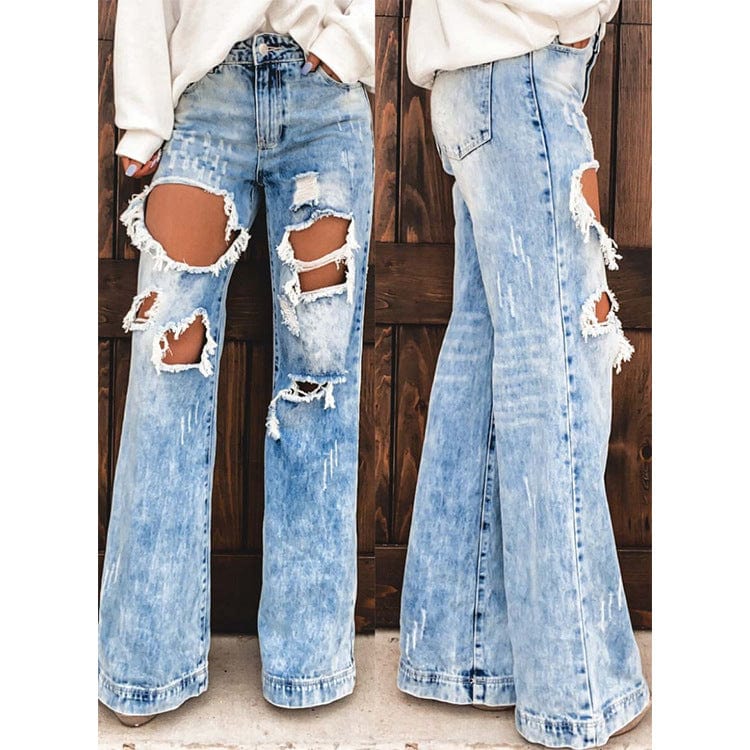 High Quality Ripped Jeans Women 5xl Plus Size Loose Design Denim Women's Flare Pants Distressed Jeans