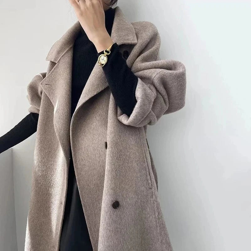 High Quality Solid Color Cashmere Overcoat Women Fashion Belted Long Coats for Ladies