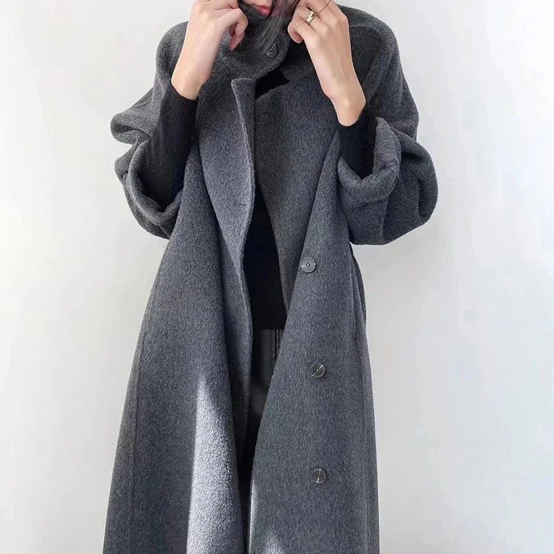 High Quality Solid Color Cashmere Overcoat Women Fashion Belted Long Coats for Ladies