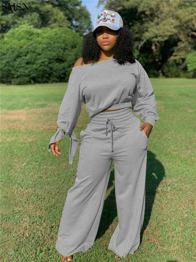 High Quality Solid Color Long Sleeve And Fleece Loose Trouser Suit Two Piece Pants Set Women