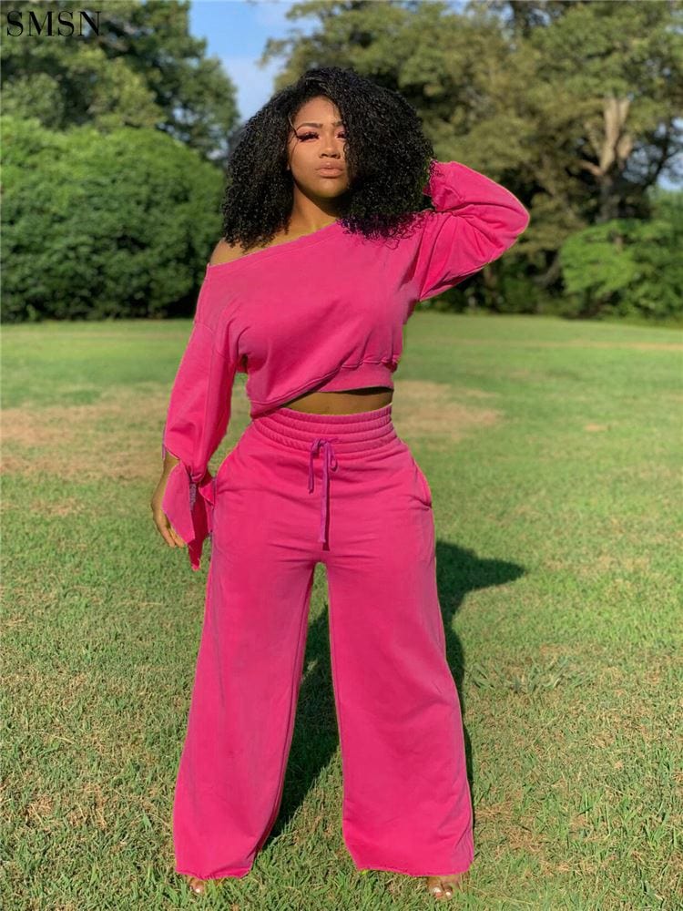 High Quality Solid Color Long Sleeve And Fleece Loose Trouser Suit Two Piece Pants Set Women