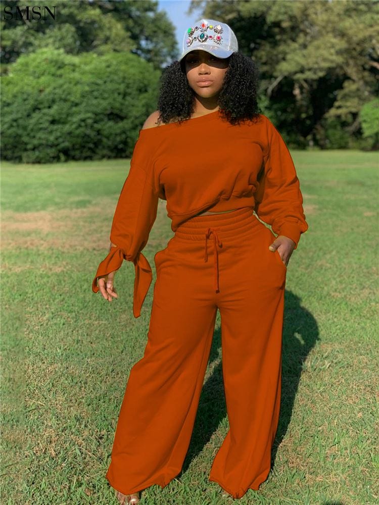 High Quality Solid Color Long Sleeve And Fleece Loose Trouser Suit Two Piece Pants Set Women