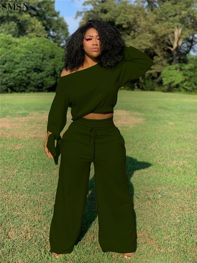 High Quality Solid Color Long Sleeve And Fleece Loose Trouser Suit Two Piece Pants Set Women