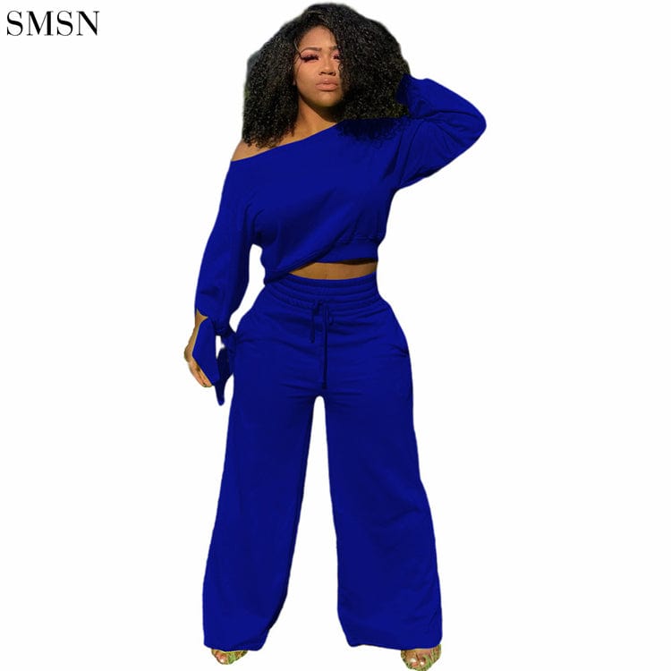 High Quality Solid Color Long Sleeve And Fleece Loose Trouser Suit Two Piece Pants Set Women