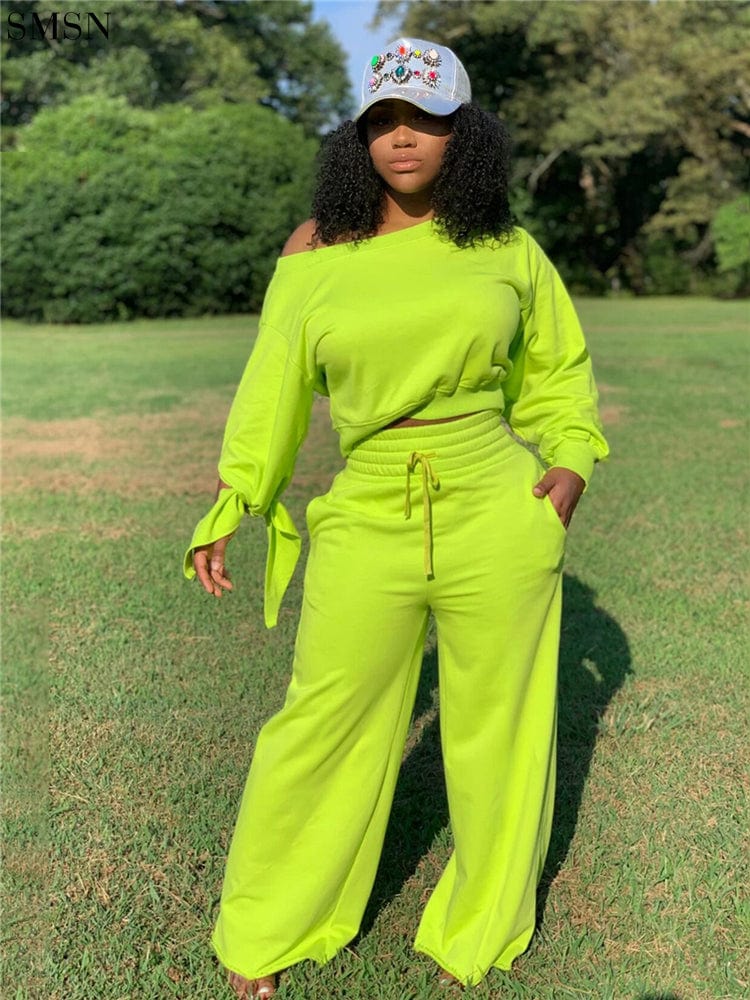 High Quality Solid Color Long Sleeve And Fleece Loose Trouser Suit Two Piece Pants Set Women