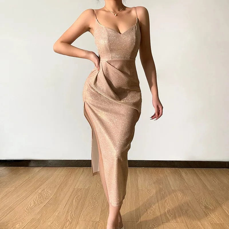 High Quality Spring New Glitter Dress Sexy Deep V Neck Suspender Dress Slit Temperament Long Dress Female