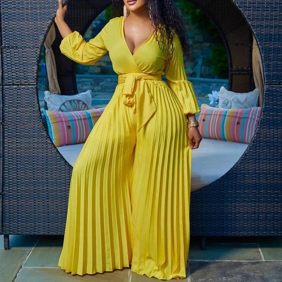 High Quality Summer New V-neck Sexy Straps Pleated Wide-leg Plus Size Women's Jumpsuit