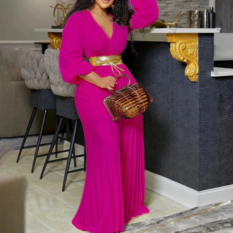 High Quality Summer New V-neck Sexy Straps Pleated Wide-leg Plus Size Women's Jumpsuit