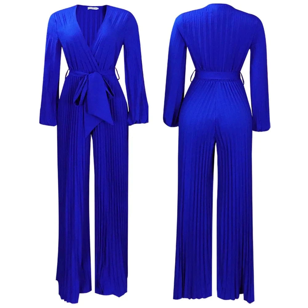 High Quality Summer New V-neck Sexy Straps Pleated Wide-leg Plus Size Women's Jumpsuit