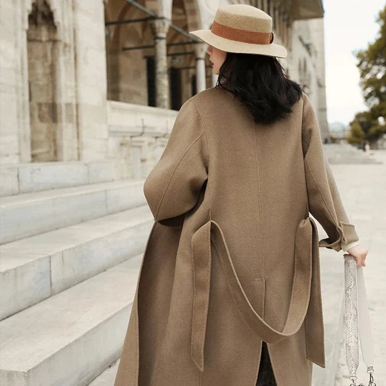 High Quality Turn Down Collar Outwear Women Long Cashmere Wool Coat with Belt