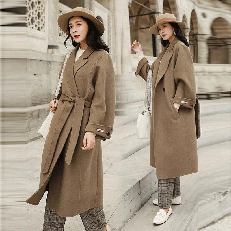 High Quality Turn Down Collar Outwear Women Long Cashmere Wool Coat with Belt