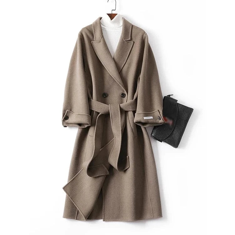 High Quality Turn Down Collar Outwear Women Long Cashmere Wool Coat with Belt