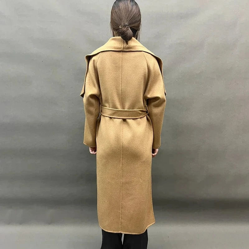 High Quality Turn Down Collar Water Ripple Wool Coat Handmade Long Cashmere Trench Coat with Belt