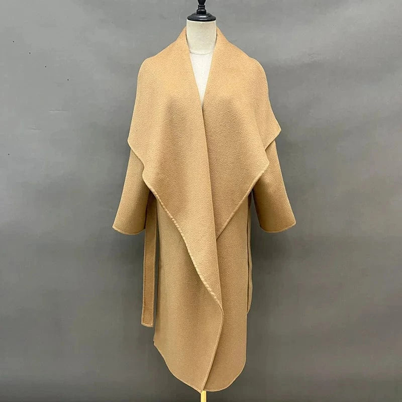 High Quality Turn Down Collar Water Ripple Wool Coat Handmade Long Cashmere Trench Coat with Belt