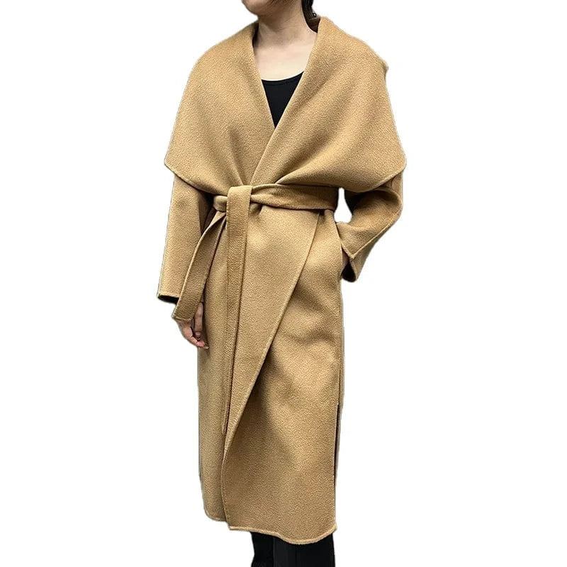 High Quality Turn Down Collar Water Ripple Wool Coat Handmade Long Cashmere Trench Coat with Belt