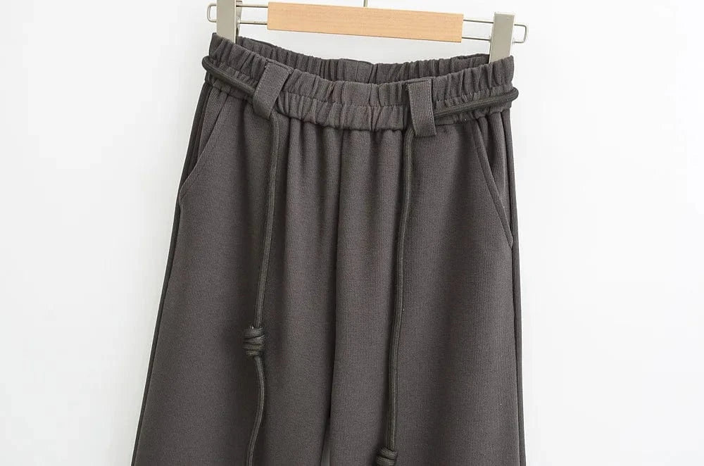 High Quality Wide Legs Ladies Sweatpants Waist Loop Drawstring Back Pocket Elastic Waistband Female Trousers Joggers Women