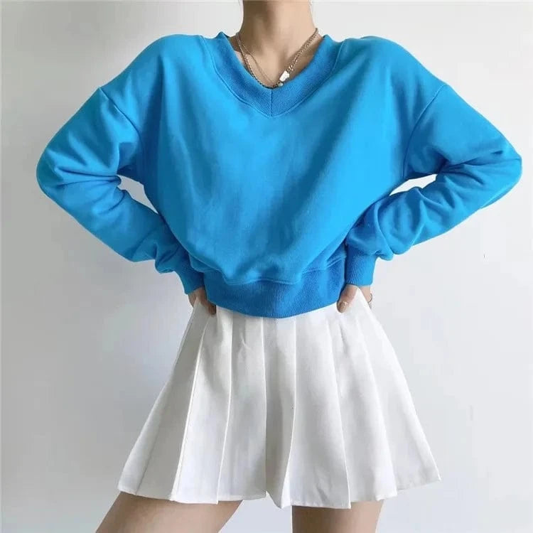 High Quality Women's Hoodies & Pullover Cotton Fleece V neck long sleeve rib hem Crop Top Custom logo for women's hoodie