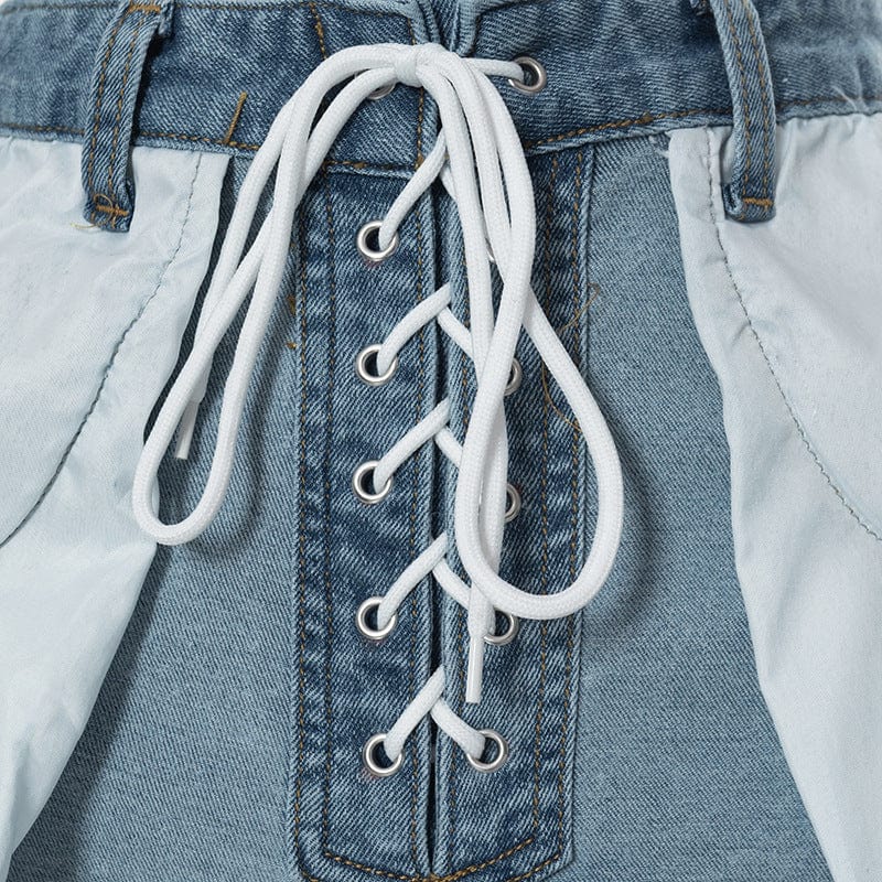 High Street Fashion Reverse Wear Casual Pocket Outside Tassel Bottom Bandage High Waist Short Jeans