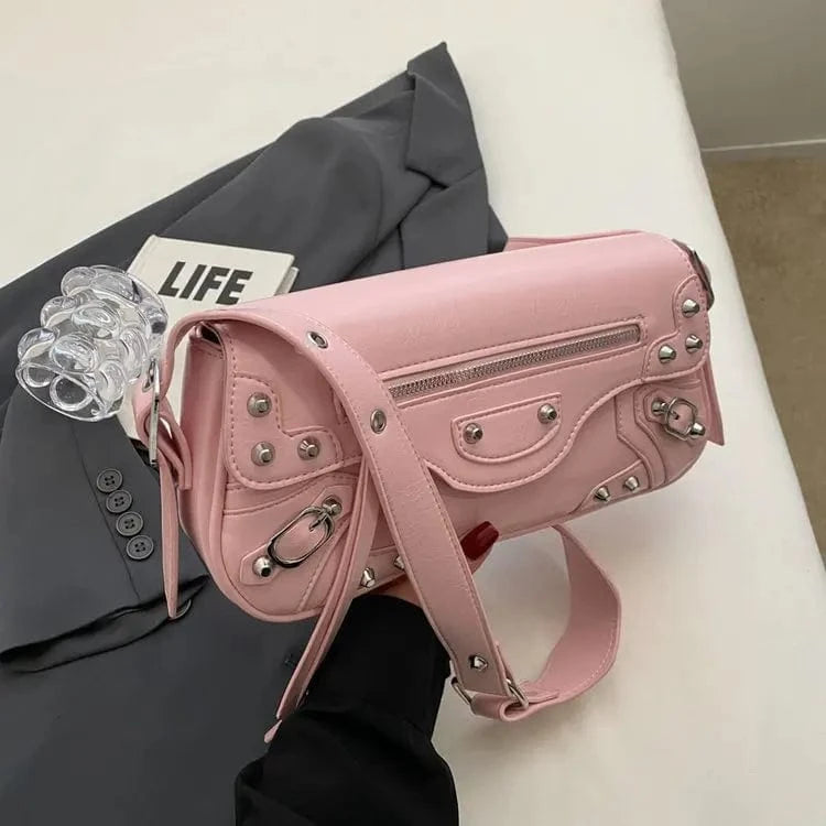 High Street Vintage Handbag Women New Rivet Large Capacity Casual Crossbody Bags Ladies Moto Biker Black Messenger Bag