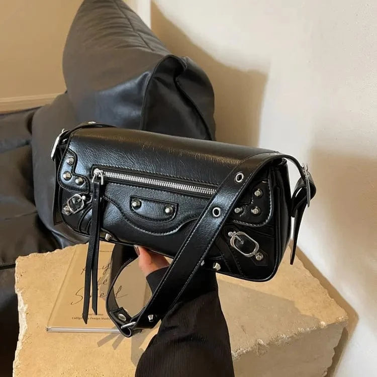 High Street Vintage Handbag Women New Rivet Large Capacity Casual Crossbody Bags Ladies Moto Biker Black Messenger Bag