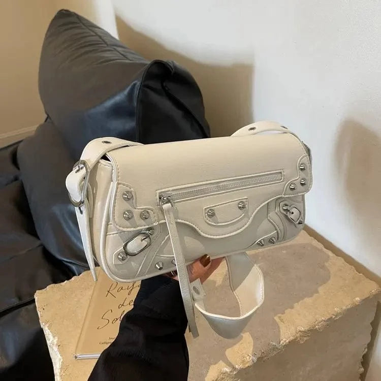 High Street Vintage Handbag Women New Rivet Large Capacity Casual Crossbody Bags Ladies Moto Biker Black Messenger Bag