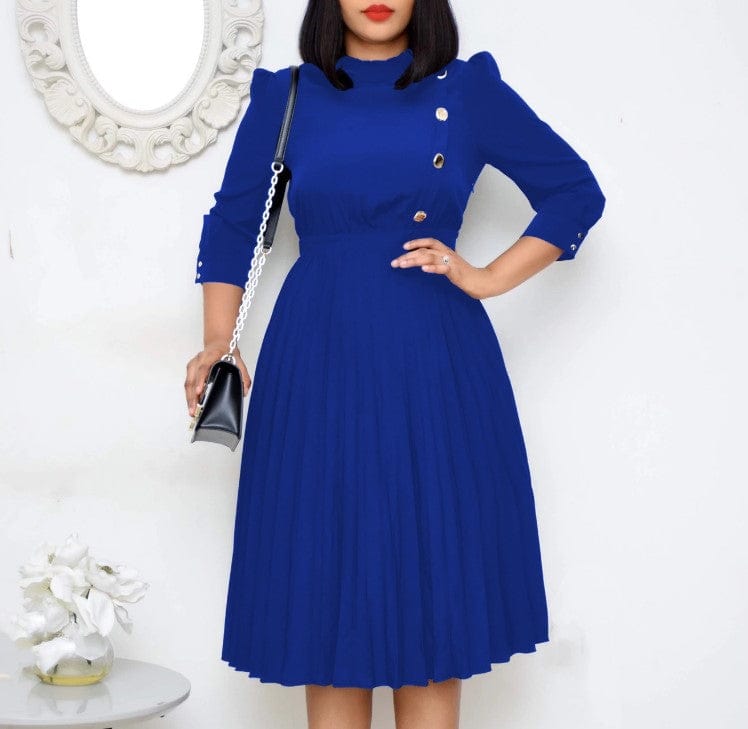 High Waist Button Soild Elegant Pleated Women Office Career Dresses