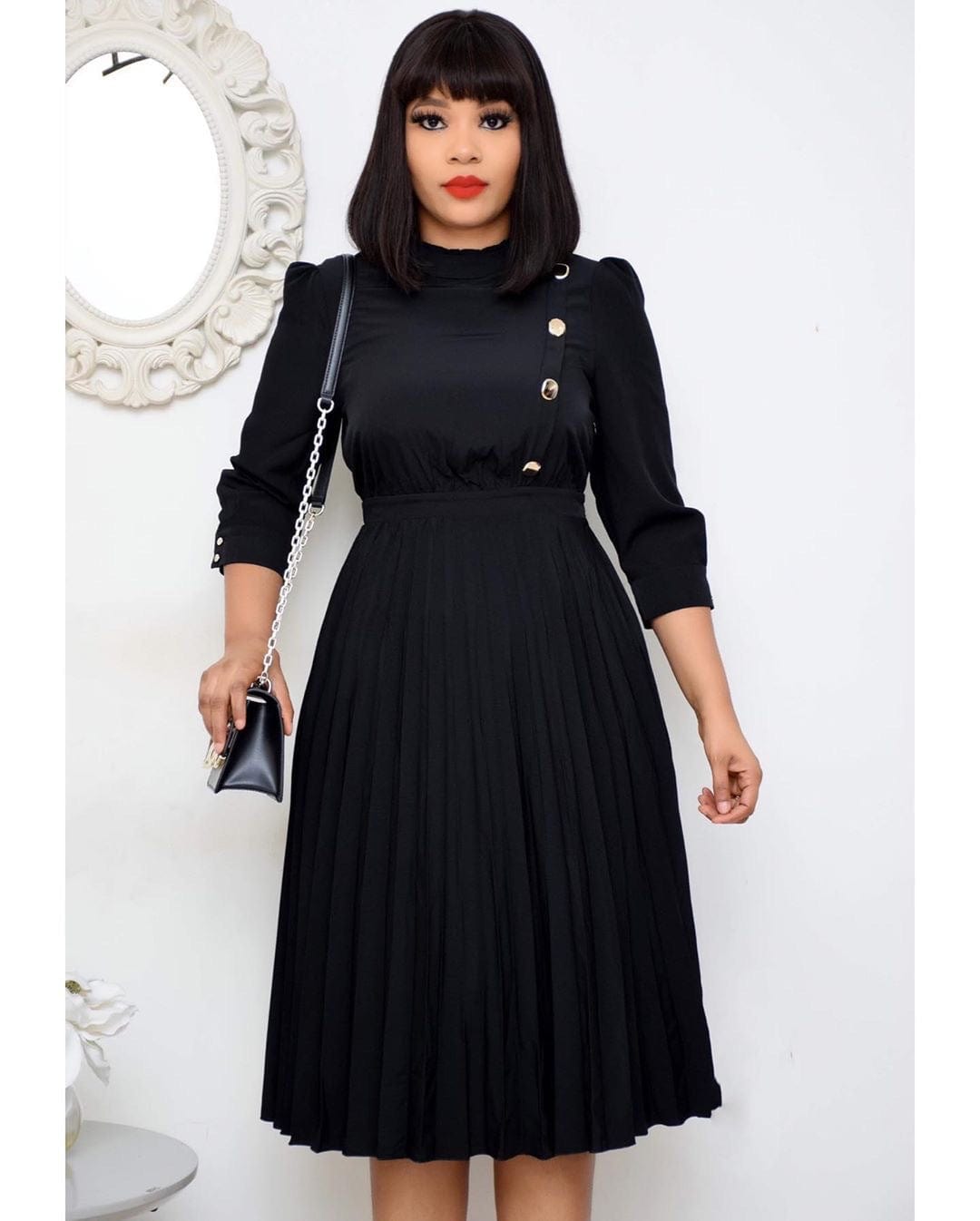 High Waist Button Soild Elegant Pleated Women Office Career Dresses