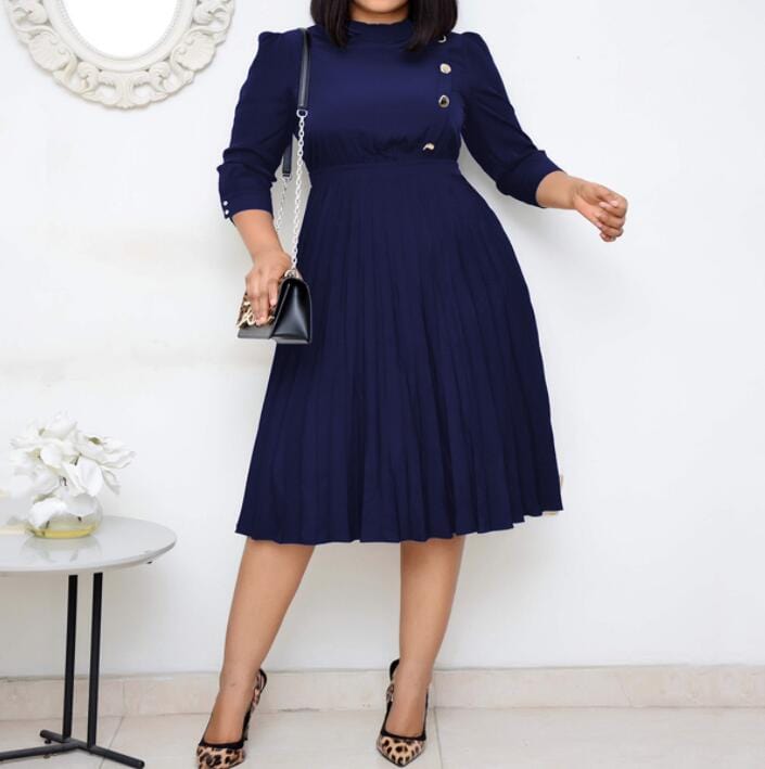 High Waist Button Soild Elegant Pleated Women Office Career Dresses