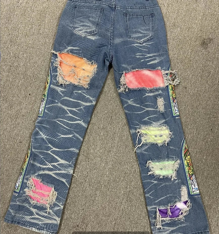 High Waist Multi-Color Patchwork Ripped Jeans