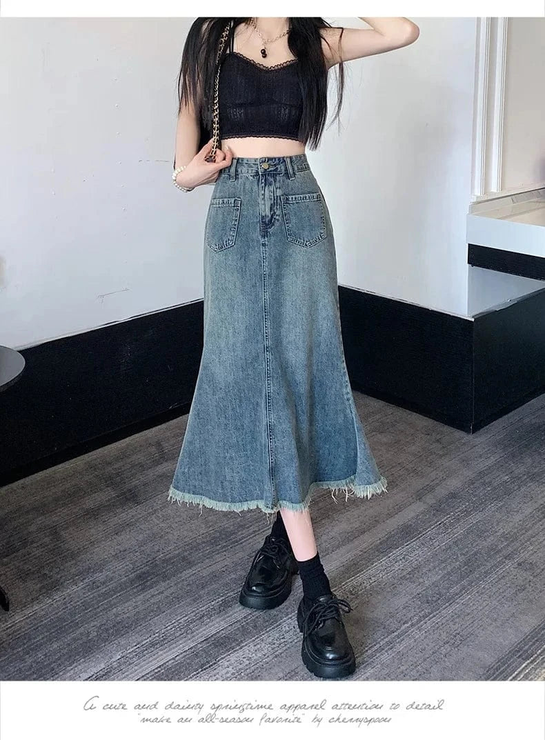 High waist Rimmed tassel Fishtail Denim skirt Women's A- line Loose Casual slimming Retro Hip-covered Mid-length skirt