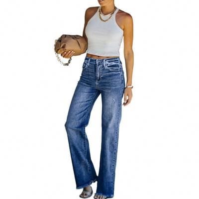 High Waist Straight Spandex Jeans pants Women Blue Casual Loose Wide Leg Spandex Jeans pants Trousers Striped Palazzo Pants