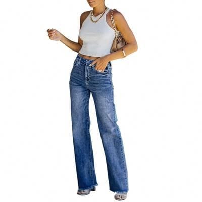 High Waist Straight Spandex Jeans pants Women Blue Casual Loose Wide Leg Spandex Jeans pants Trousers Striped Palazzo Pants