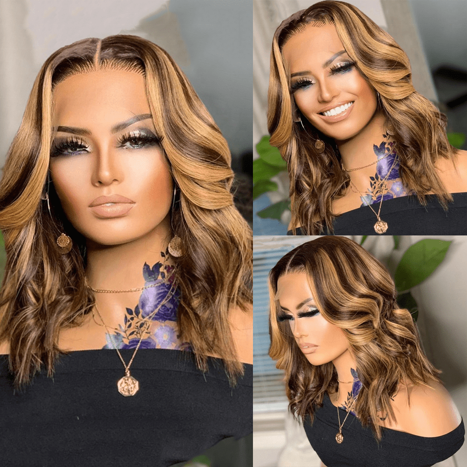 Highknight Brazilian Hair Transparent Lace Front Wig Pre Plucked Highlight Color Natural Wave Lace Front BOB Wig For Black Woman