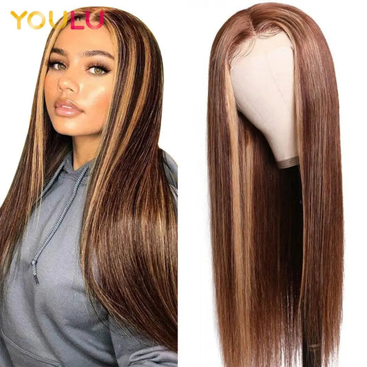 Highlight 4/27 Ombre 10-30 Inches Straight Long Hair Women Piano Color 13X4 Lace Front Human Wigs
