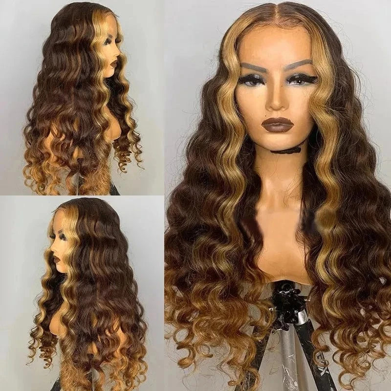 Highlight Blonde Brown Wigs 13x4 Lace Front Wigs Human Hair Deep Wave Pre Plucked Brazilian Raw Virgin Hair