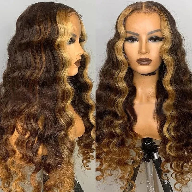 Highlight Blonde Brown Wigs 13x4 Lace Front Wigs Human Hair Deep Wave Pre Plucked Brazilian Raw Virgin Hair