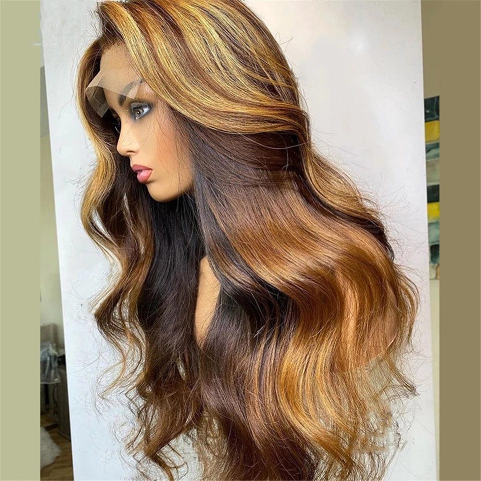 Highlight Blonde Colored  Body Wave Brazilian  Human Hair Wig Transparent  5X5 Lace Closure Wig