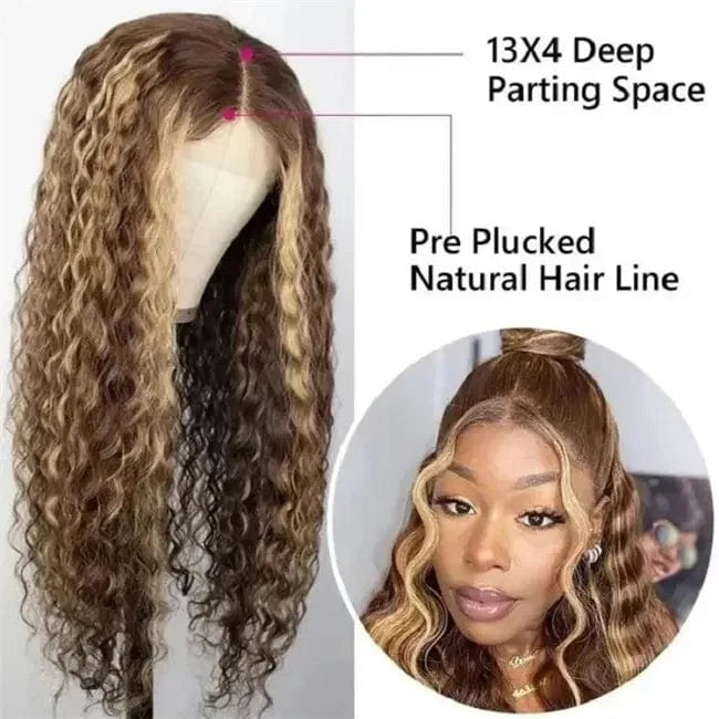 Highlight Ombre Brown Curly Human Hair Wigs HD Transparent Lace Front Wig Honey Blond Deep Wave Lace Front Wigs for Black Women