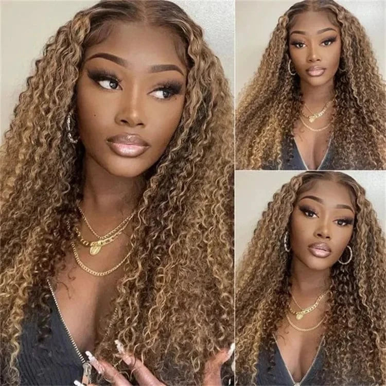 Highlight Ombre Brown Curly Human Hair Wigs HD Transparent Lace Front Wig Honey Blond Deep Wave Lace Front Wigs for Black Women