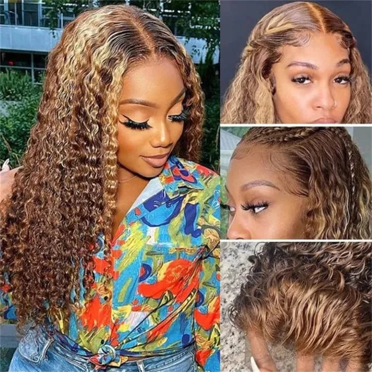 Highlight Ombre Brown Curly Human Hair Wigs HD Transparent Lace Front Wig Honey Blond Deep Wave Lace Front Wigs for Black Women