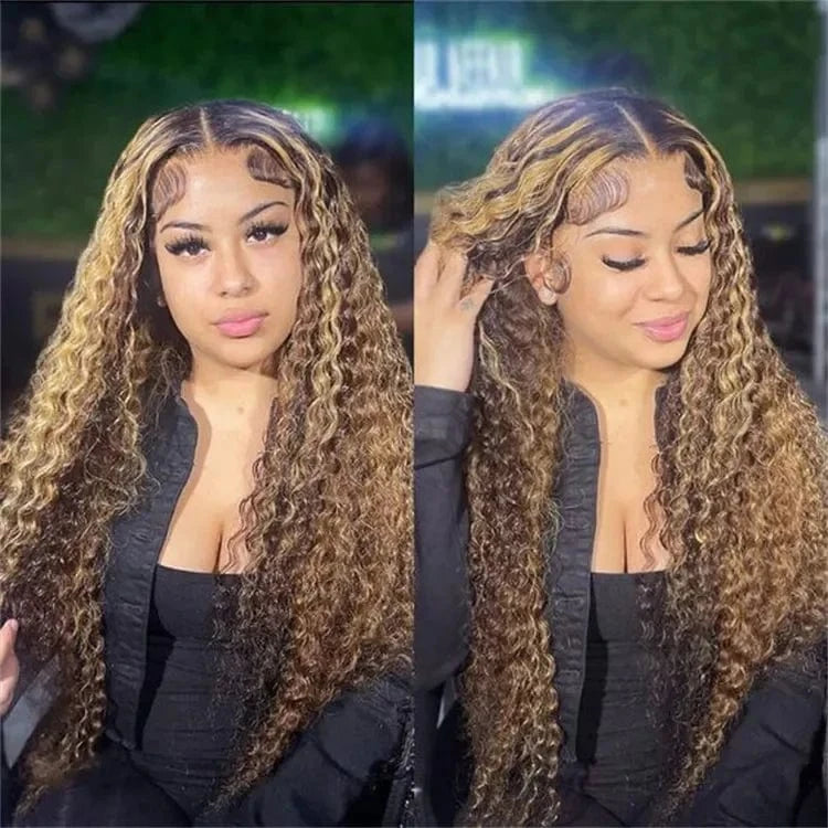 Highlight Ombre Brown Curly Human Hair Wigs HD Transparent Lace Front Wig Honey Blond Deep Wave Lace Front Wigs for Black Women