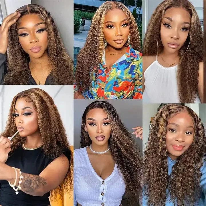 Highlight wig Brown Deep Curly Pre Plucked Transparent 13x4 Lace Front Wig Piano Mixs Color Honey Blonde Human Hair Wig