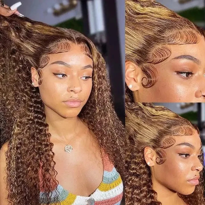 Highlight wig Brown Deep Curly Pre Plucked Transparent 13x4 Lace Front Wig Piano Mixs Color Honey Blonde Human Hair Wig