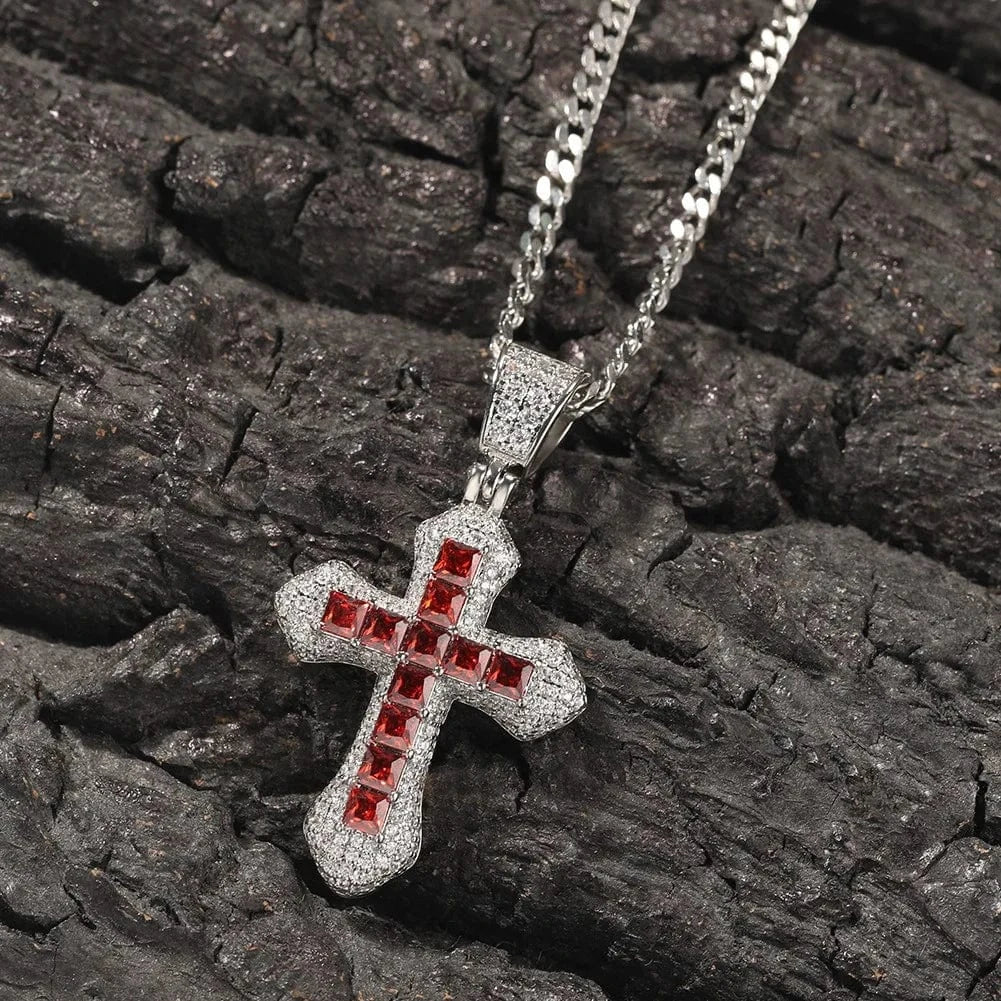 Hiphop Diamond Pave Cross Pendant Necklace Beautiful Red Pink Blue Square Cubic Zirconia Jewelry For Women Man